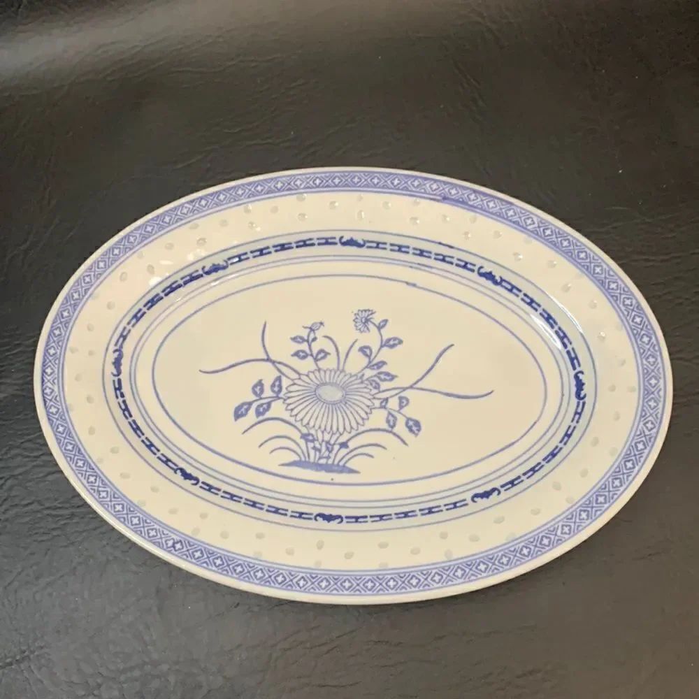 Blue White Floral Serving Oval Tray Embossed Heavy Ceramic 8 1/2 X 12 Inches